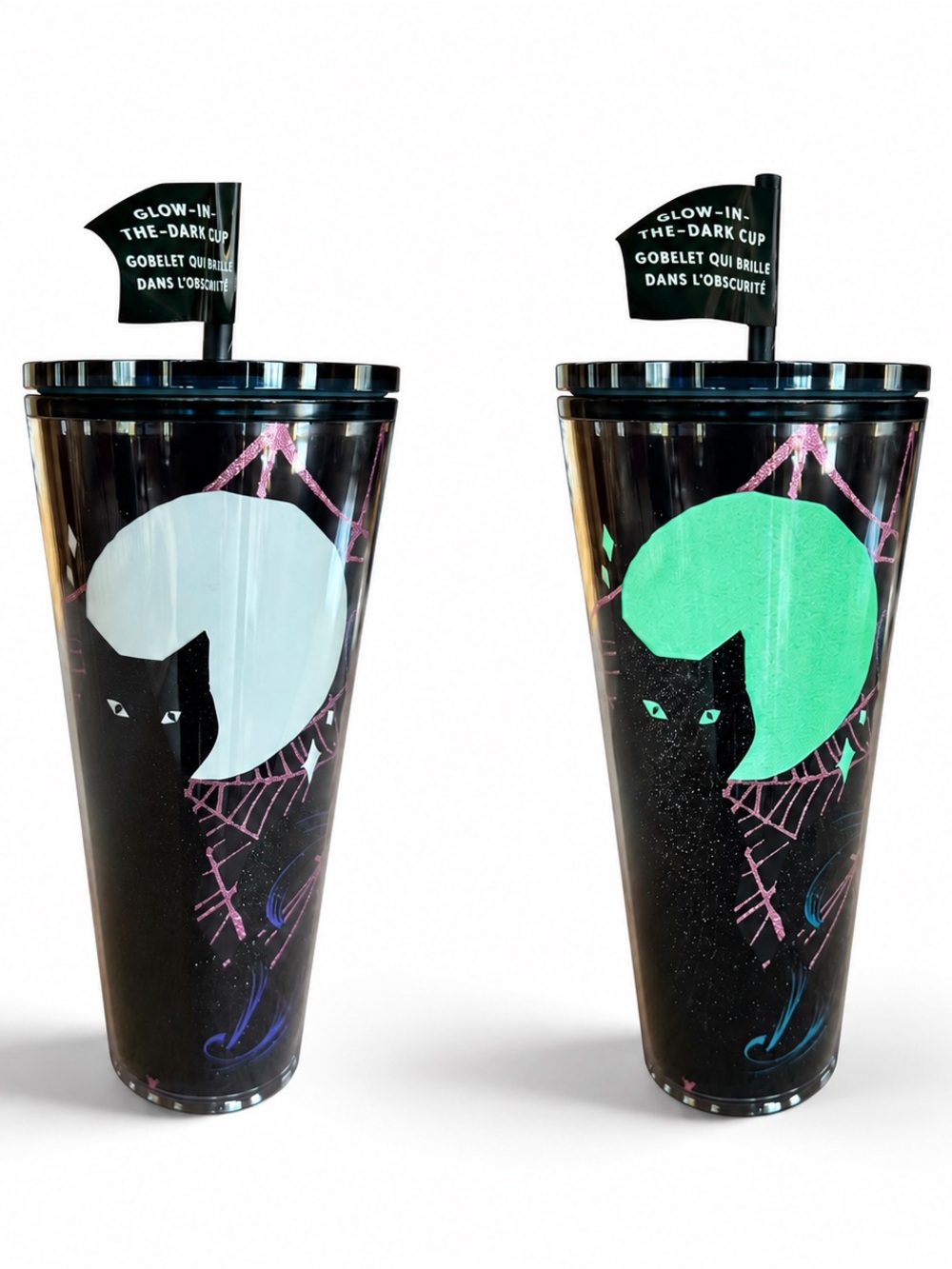 Starbucks Halloween 2021 Black Cat Glow in Dark Tumbler Cold Cup 24oz Spider Web